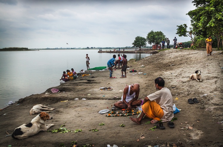A man performs Hindu rituals for his dead father under the guidance of the Brahmans, at Soniya Vihar Ghat, New Delhi on October 4, 2013. According to Hindu religious texts, the tradition of performing these rituals for one's relatives, is followed scruplously in the month of October every year. It is believed that only the body dies, while the soul is immortal, and that the behaviour and needs of the soul remain the same in, and after life.That is why the son of the dead parent, feeds cows and birds living next to the holy Yamuna, to satiate the soul's thirst and hunger. This ritual is accompanied by prayers chanted by the son, with the help of Brahmans while sitting in the cleansing atmosphere in Yamuna, for the soul to achieve Nirvana.
