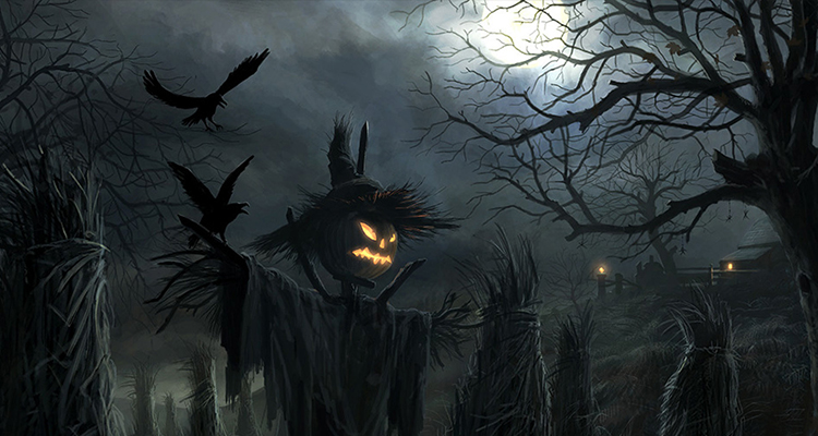 spooky scarecrow with ravens at night halloween